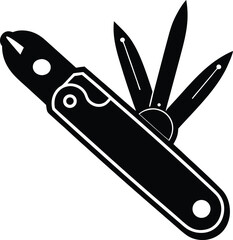 A versatile black and white multi tool with blades and pliers in silhouette