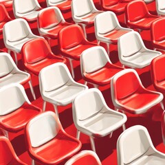 Obraz premium Realistic white and red tribune at stadium rows vector illustration. Arena seats audience chair public competition event sit isolated. Plastic place section for comfortable looking match sports game
