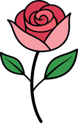 Simple Pink Rose Illustration with Two Leaves in Flat Minimal Style