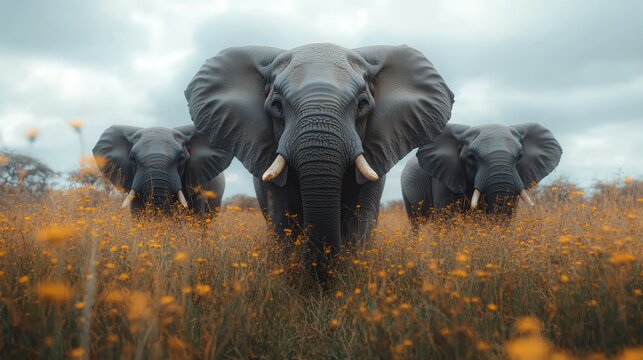 Three elephants in a field of flowers