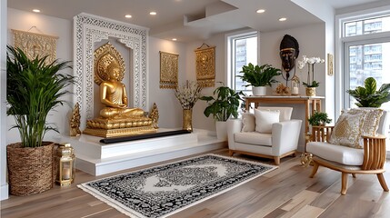 Tranquil yoga studio with buddha altar decor high resolution picture