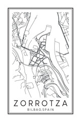 Hand drawn printable downtown road map poster of district ZORROTZA of the Spanish city of BILBAO on solid white background with city name