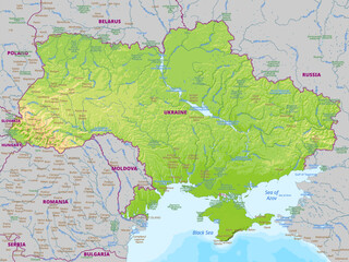 Fototapeta premium Detailed physical map of Ukraine