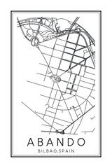 Hand drawn printable downtown road map poster of district ABANDO of the Spanish city of BILBAO on solid white background with city name