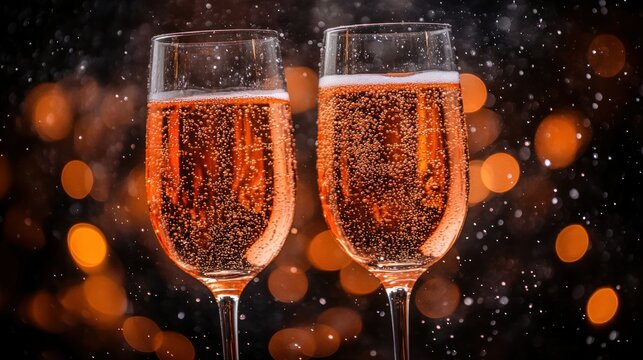 Two champagne flutes filled with ros? sparkling wine