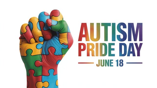 Autistic Pride Day, Colorful puzzle pattern fist symbolizes unity and autism pride empowerment.
