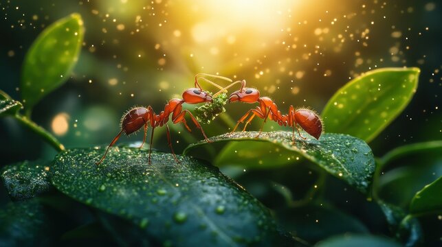 Two red ants on dewy leaves, bathed in sunlight