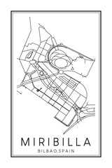 Hand drawn printable downtown road map poster of district MIRIBILLA of the Spanish city of BILBAO on solid white background with city name