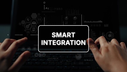 Hands Typing on Keyboard with Smart Integration Concept and Technology Background for Digital Transformation Solutions. Asymptotic smart data analytic.