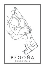 Hand drawn printable downtown road map poster of district BEGOÑA of the Spanish city of BILBAO on solid white background with city name