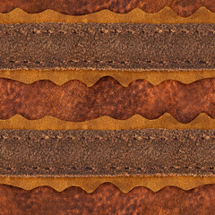 Seamless 4k photo texture material of brown suede leather with ornate wavy straps.