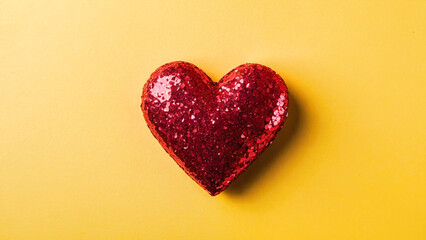 Fototapeta premium A clean yellow background hosts shiny silver-glitter hearts in red, offering space romantic designs.