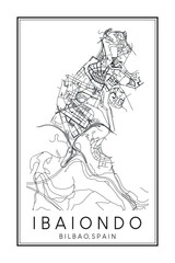 Hand drawn printable downtown road map poster of district IBAIONDO of the Spanish city of BILBAO on solid white background with city name