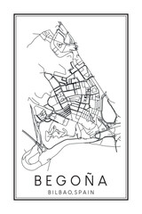 Hand drawn printable downtown road map poster of district BEGOÑA of the Spanish city of BILBAO on solid white background with city name