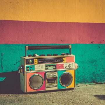 Retro boombox ghetto blaster outdated portable radio receivers with cassette recorder from 80s front gradient colored wall background. Rap, Hip Hop, R&B music concept. Vintage old style filtered photo