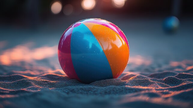 Vibrant beach ball rests in golden sand at sunset