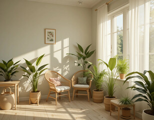 modern living room with white furniture, A cozy indoor scene with potted plants, light-wood furniture, and straw accents near a large window