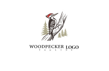 Stylish Tree Logo Design with Graceful Woodpecker Vector. Ideal for Wildlife Labels, Eco Outdoor Brands, and Forest Product Branding Concepts for Nature Companies.

