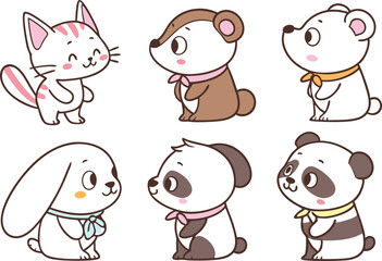 Cute Kawaii Animals Vector Set. Adorable Cartoon Animal Illustration Pack. Colorful Kawaii Animal Characters Collection. Sweet Pet Icons in Kawaii Style. Lovely Animal Faces