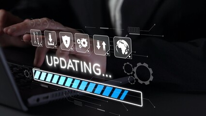 Naklejka na ściany i meble Knowledge upgrade and software update, digital skills improvement, competitive advantage, continuous learning, and staying up to date with latest technology and software trends. Muxer