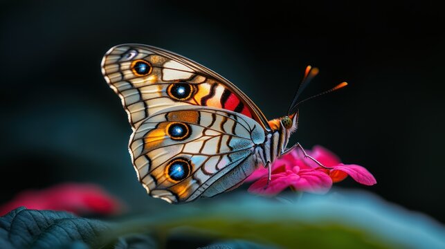Vibrant butterfly rests on pink flower