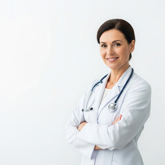 portrait of a smiling doctor. Smiling Female doctor in white coat posing with folded arms with space for text. smiling doctor isolated on white background.