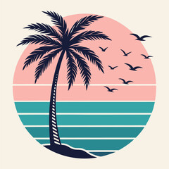 Retro palm tree silhouette with birds evokes a serene tropical vibe inside a circle