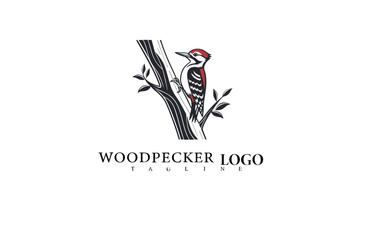 Fototapeta premium Vector Bird Logo Featuring Elegant Woodpecker Perched on Tree. Nature Illustration for Eco Business Identity, Outdoor Brand Packaging, and Wildlife Labeling Projects.