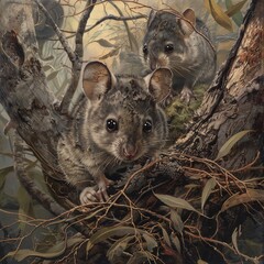 Two small mammals on a tree in a forest.  Natural environment, dappled light