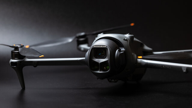 DJI Mavic 4 Pro drone close-up in a dark setting on June 12, 2025, Germany
