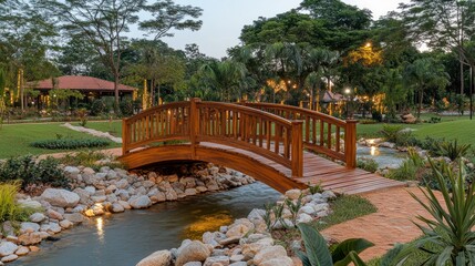 Wooden arch bridge over tranquil water feature in lush park
