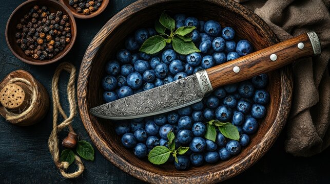 Wooden bowl of blueberries, knife, spices