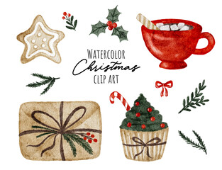 Watercolor Christmas clipart set with cocoa, cupcake, cookie, gift, and holly. Vector illustration