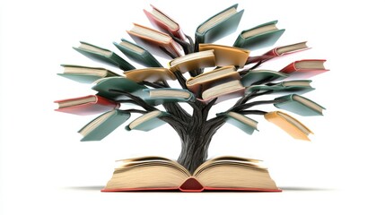 Educational clipart Concept a whimsical tree with open books as leaves, leading lines guiding to the base, vibrant colors, clear focal point