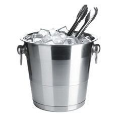 Reflective ice container with tongs presenting refreshing coolness and readiness on transparent background