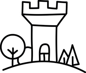 Illustration of simple black and white line art illustration of a cartoon castle tower with trees on a hill drawing vector vector