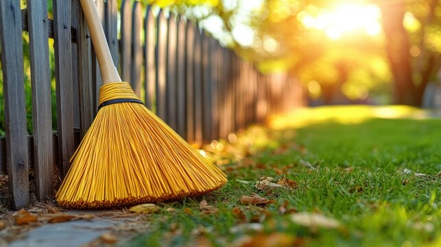 Yellow broom leaning on fence, autumn leaves