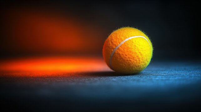 Yellow tennis ball on dark surface with dramatic lighting
