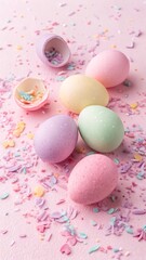 Pastel Easter Eggs with Broken Shells and Candy Crumbs