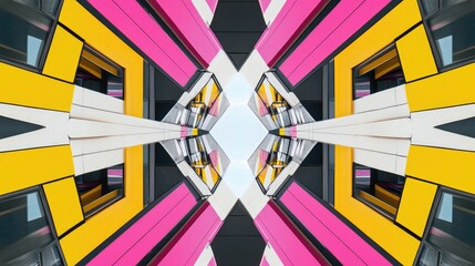 A symmetrical view of modern architecture featuring vibrant pink, yellow, and black geometric patterns. The design showcases a contemporary urban aesthetic.