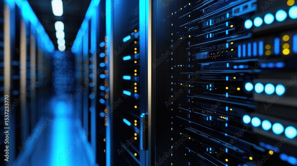 Poster Close-up view of a modern data center with illuminated blue server racks and blinking lights, representing cloud computing, network security, and digital infrastructure for enterprise technology