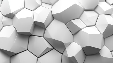 Abstract white geometric shapes create a textured surface. The design features various polygonal forms arranged closely together, emphasizing modern aesthetics.