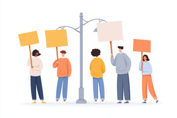 Obraz premium diverse group of activists gathered around street pole discussing new behavior rules