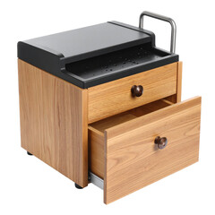 Modern wooden nightstand with black accents and open drawer showcasing interior storage on transparent background