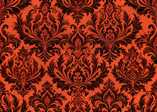 Fototapeta Ornate damask pattern in rich orange and black.