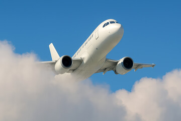 Modern commercial airliner breaks through the clouds during takeoff into the blue sky