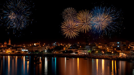 Spectacular Fireworks Over Coastal Town Celebrating Magdalena Festival with Night Reflections and Colorful Bursts in the Sky