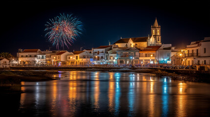 Fototapeta premium Magdalena Festival Night Celebration with Fireworks Over Historic Portuguese Town