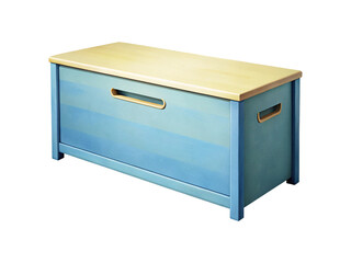 A pastel blue and light wood toy chest or storage box sits