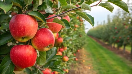 Obraz premium Fresh red apples growing on orchard tree branches high resolution photo